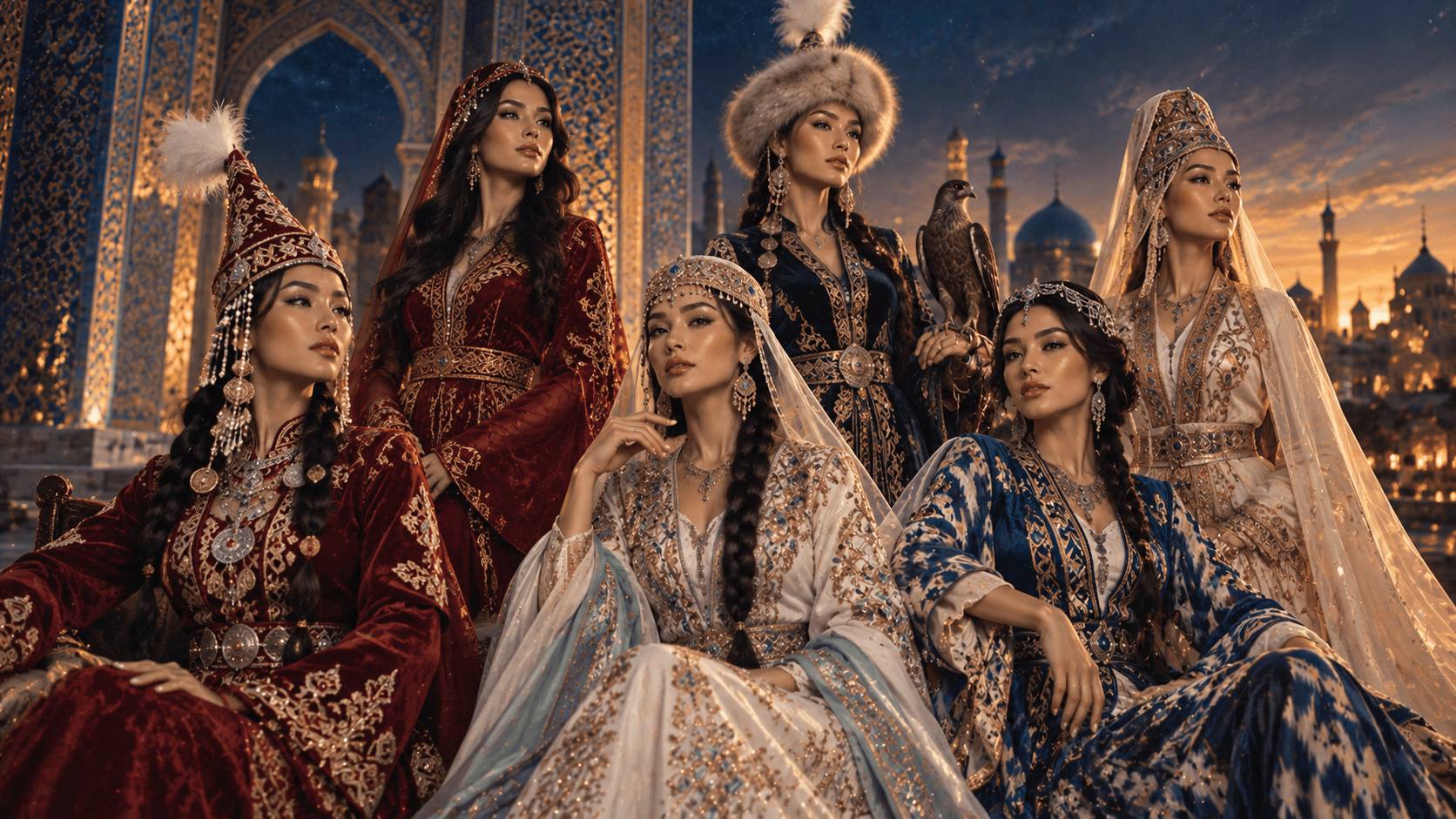 Редакционный портрет участниц Miss Turkic в традиционных тюркских образах